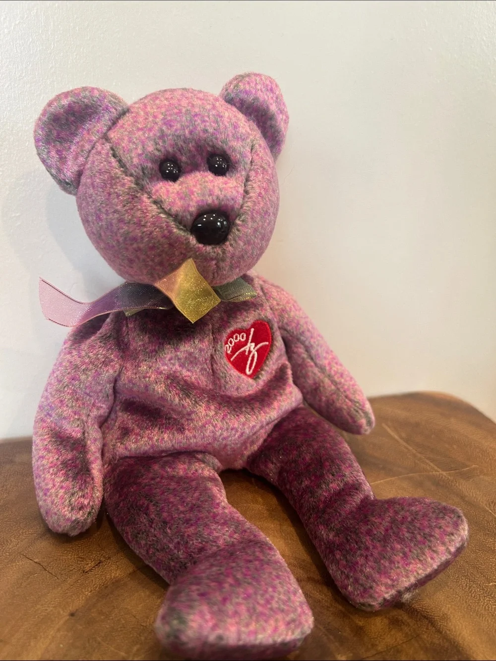1999 Beanie Baby Style Plush Bear - Pink Purple Tweed Heart